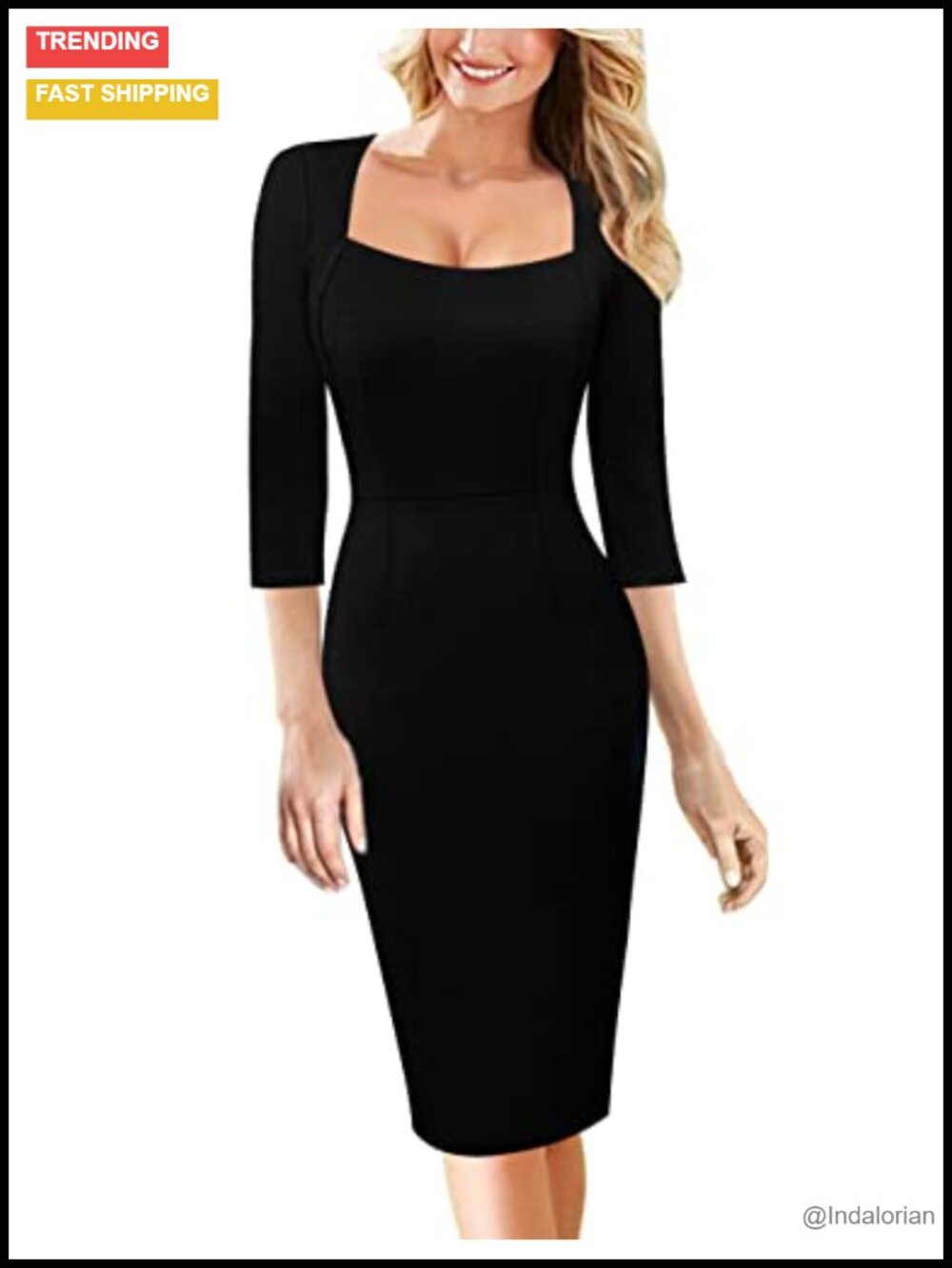 Vintage Square Neck Bodycon Dress 3/4 Sleeve Sheath Work Office Business Formal
